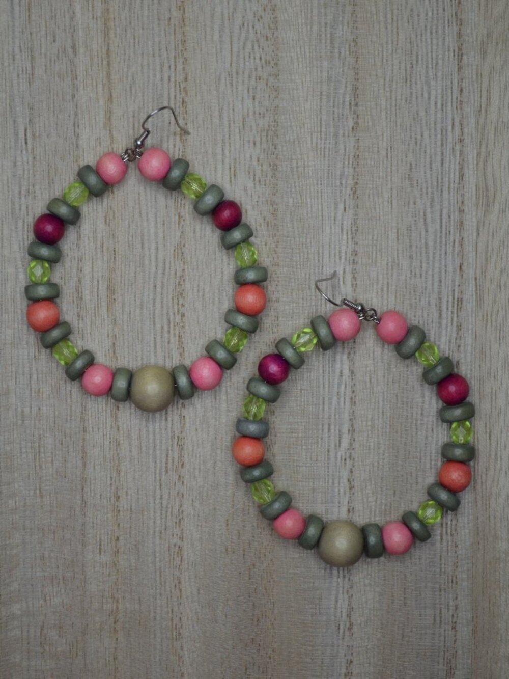 Boho Wood & Czech Crystal Large Hoop Earrings | Pink & Sage Green